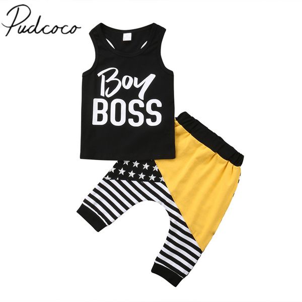 

2018 brand new newborn infant baby boys summer clothes 2pcs sleeveless letter black vest striped patchwork harem pants 0-4y, White