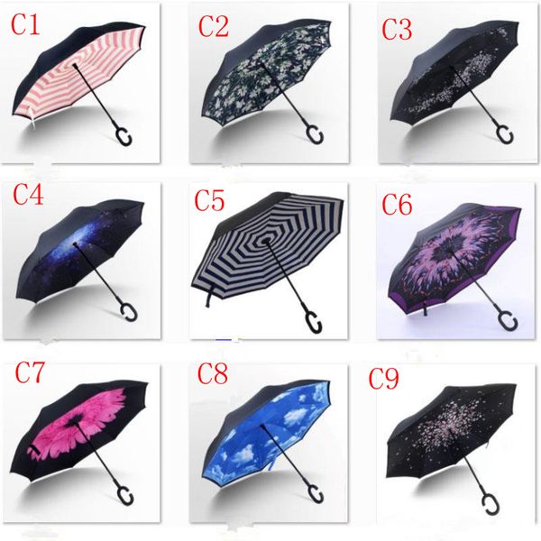 

folding reverse umbrella double layer c handle umbrellas inverted long handle windproof rain car umbrellas gifts 56 colors