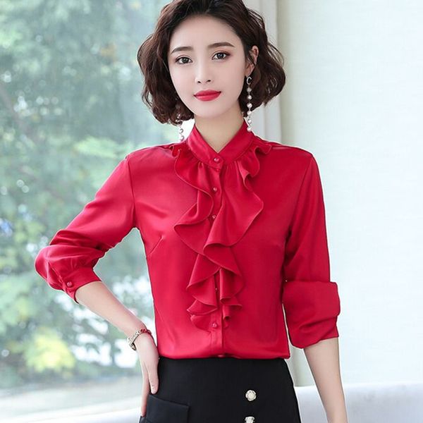 

long sleeve chiffon women shirt 2020 spring new fashion ruffles stand collar slim blouses office ladies formal elegant work, White