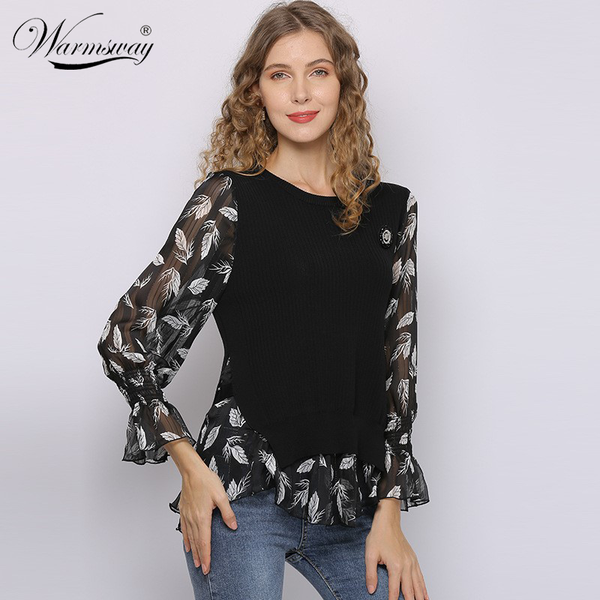 

large size pullover shirt flared sleeves 2020 spring women new chiffon material loose stitching printed sweater knit cy-137, White