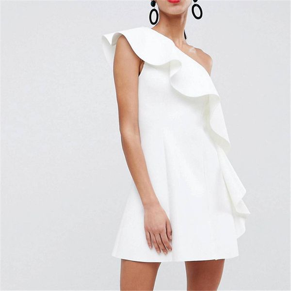 

лето без рукавов косой воротник оборками белое короткое мини-сексуальное платье роман vestidos женщин nzk-1796, White;black