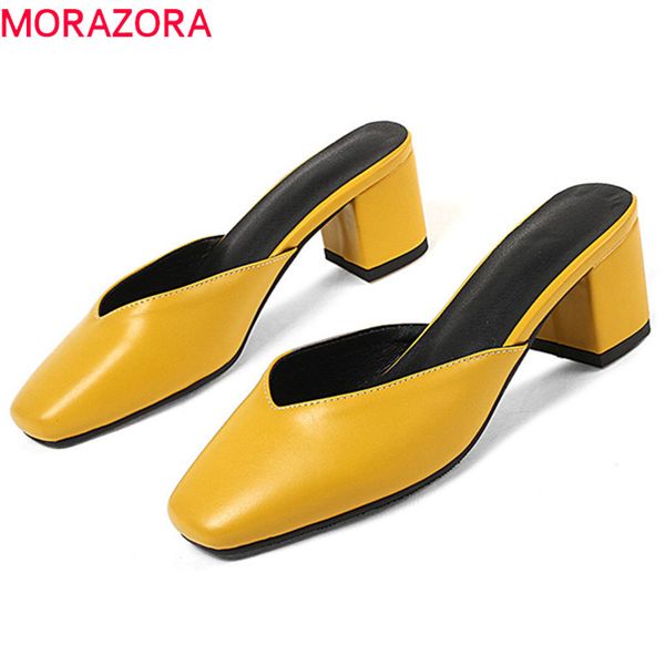 

morazora 2019 big size 44 women pumps solid colors summer shoes slip on square high heels shoes female casual mules shoes woman, Black