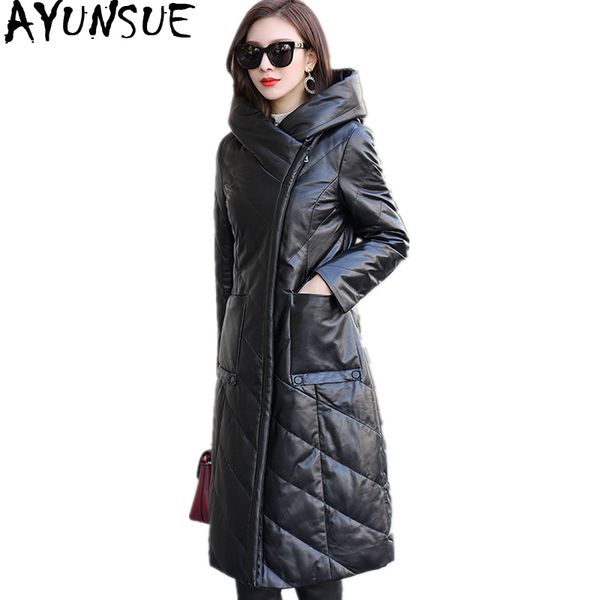

ayunsue natural sheepskin coat 2018 casual genuine leather jacket women long warm winter down jackets hooded plus size wyq2075, Black