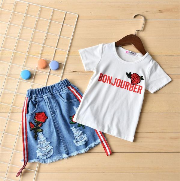 

kids designer clothes girls outfits children rose embroidered hole denim skirts 2pcs/set summer boutique baby clothing sets, White