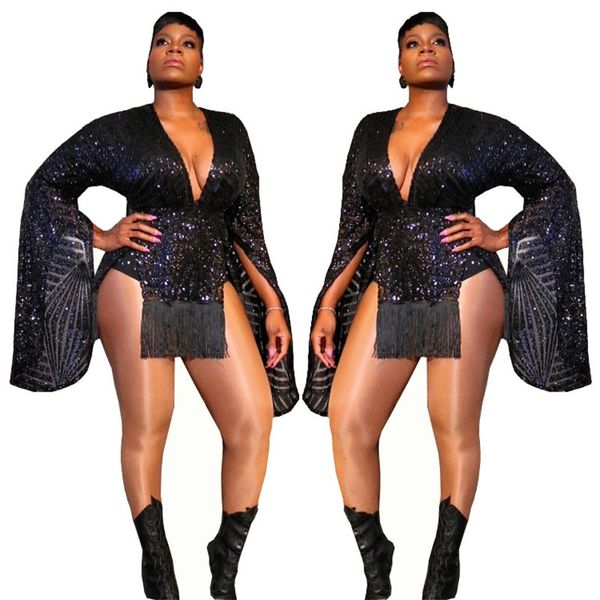 

split extra long sleeve sequin dress women black shiny tassle patchwork bodycon dress casual deep v neck see through dress nzk-1577, White;black