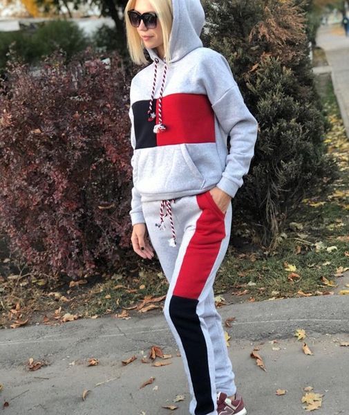 

casaual tommy women tracksuits sports set sweatsuit outfit set long hole tm pants bodycon autumn and winter clothing, Gray