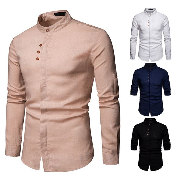 

men's casual shirts 2021 solid color cotton linen shirt european version button stand collar decoration business long-sleeved, White;black