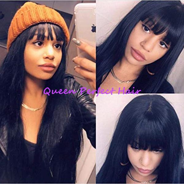

full bangs natural black long silky straight wig with baby hair heat resistant glueless synthetic none lace wigs for fashion black women