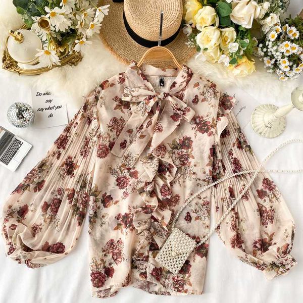 

2020 spring lantern sleeve draped bowknot women shirts blouse print women blouse shirt fashion womens blouses, White