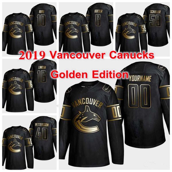 

2019 vancouver canucks golden edition 40 elias pettersson 6 brock boeser 53 bo horvat 33 henrik sedin 10 pavel bure hockey jerseys, Black;red