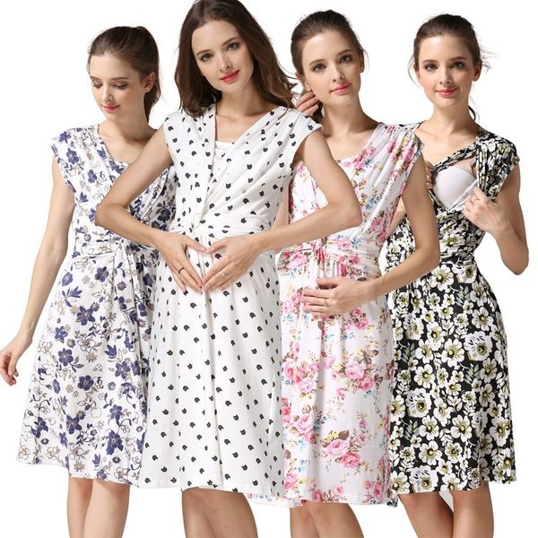

european american vestidos de maternidad women round neck print sleeveless knotted waist long breastfeeding dress, White