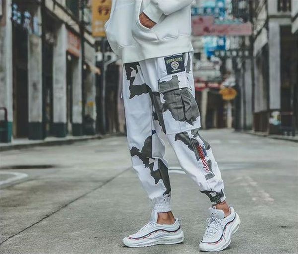 

camouflage fashion cargo pants male embroidery panelled pants fitness men ins drawstring trousers hip pop clothing, Black