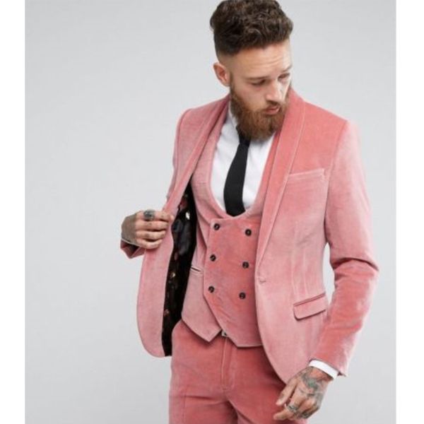 

пользовательские 3 pics мода зимы groom свадебное платье slim fit pink velvet мужская смокинг костюм куртка + жилет + брюки, White;black