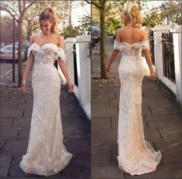 

Newest Off Shoulder Lace Wedding Dresses Sweetheart 3D Flower Sweep Train Bridal Wears Low Back Ruched Sheath Wedding Gowns