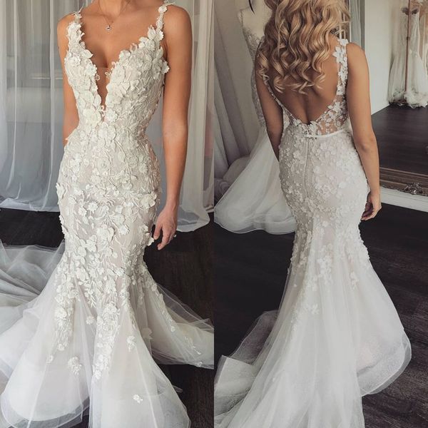 

2019 dubai wedding dresses lace 3d-floral appliques deep v neck sleeveless bohemian mermaid bridal gowns backless boho wedding dress, White