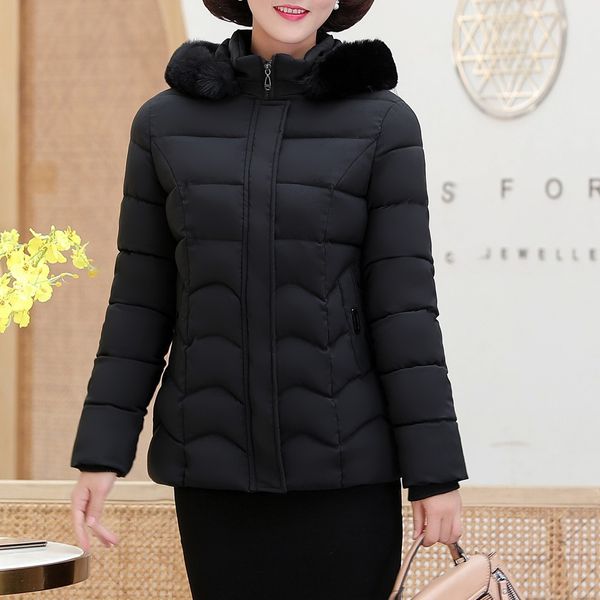 

зимние парки женщин хлопчатобумажная куртка стекаются сгущаются теплый хлопок пальто среднего возраста женский большой меховой воротник с ка, Black