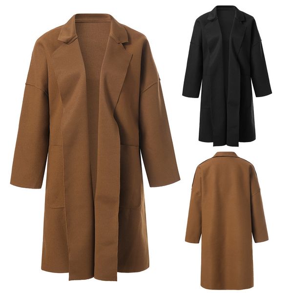 

woolen coat 2019womens winter lapel wool coat trench jacket long sleeve overcoat outwear, Black