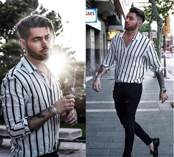 

дизайнерская мужская рубашка полосатая короткая повседневная рубашка лето весна лацкан шеи печати однобортный тонкий мужская одежда, White;black