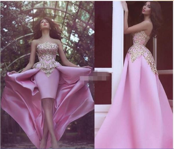 

new design hi lo prom dresses sheath with gold applique pink satin backless sweetheart homecoming party dress arabic formal gowns, Red
