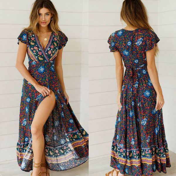 

women boho floral dress summer holiday beach long maxi evening party dress chic ethnic style v-neck split dresses, Black;gray