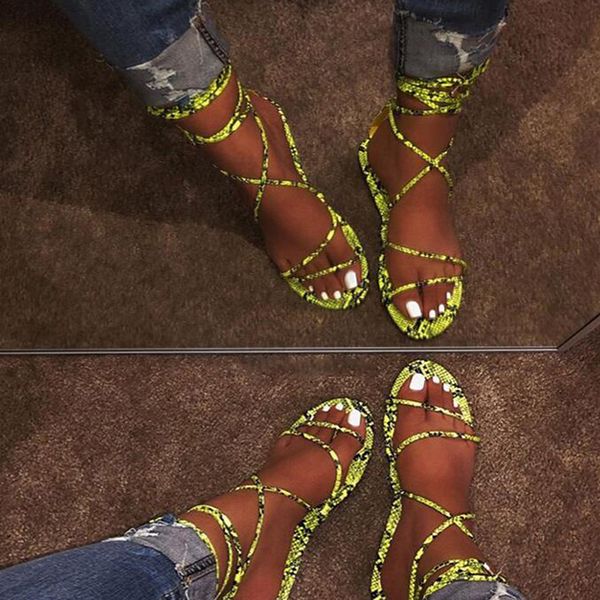 

2020 fashion sandals fashion ankle strap women's pu shoes flat bottom snake pattern ladies womens shoes size 36-43, Black