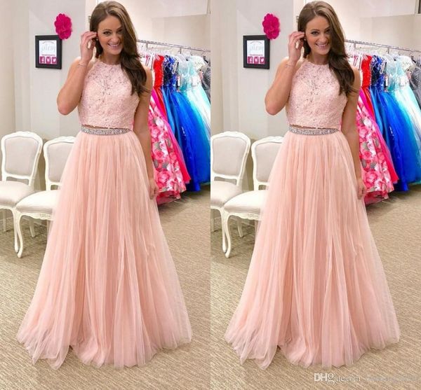 

2018 two pieces pink a line prom dresses jewel sleeveless floor length lace dresses evening dresses, Black