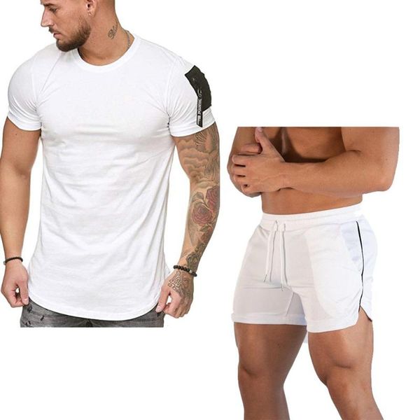 

new men's casual sportswear park collar t-shirt + surf beach shorts fitness bodybuilding summer short sleeve zip cotton top, White;black