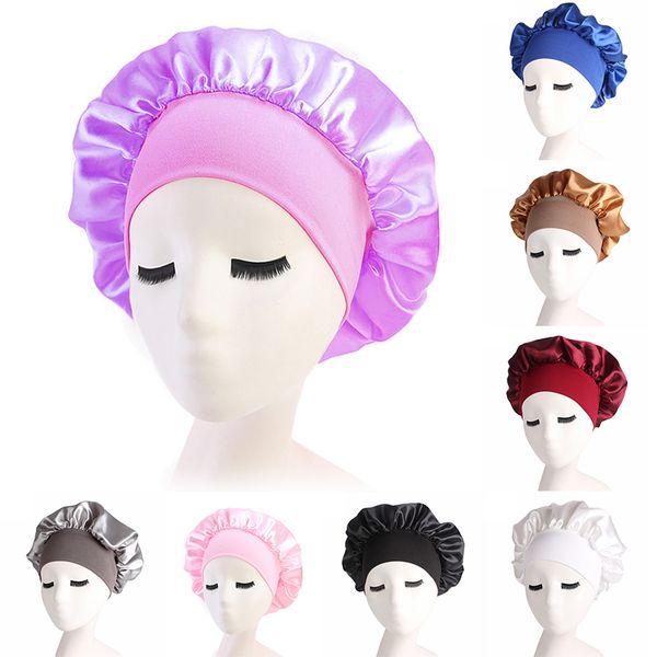 

women's satin solid wide-brimmed sleeping hat high-elastic headband nightcap chemotherapy cap hair care hat
