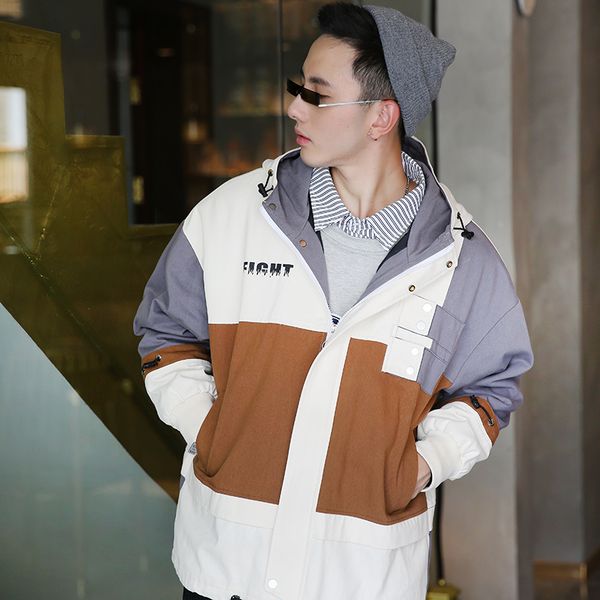 

2020 spring and autumn new youth popular color matching tooling hooded jacket fashion casual loose jacket coat black / white, Black;brown