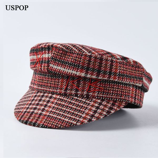 

uspop 2019 new winter plaid newsboy caps fashion women winter wool hat flat thick visor caps, Blue;gray