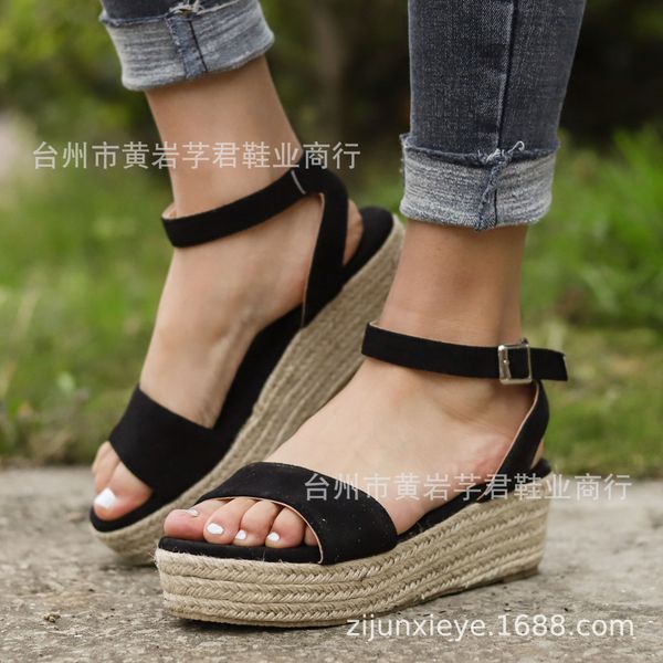

2019 wish amazon express sales new explosion leopard linen slope and light sole fishmouth sandals for european and american foreign trade, Black