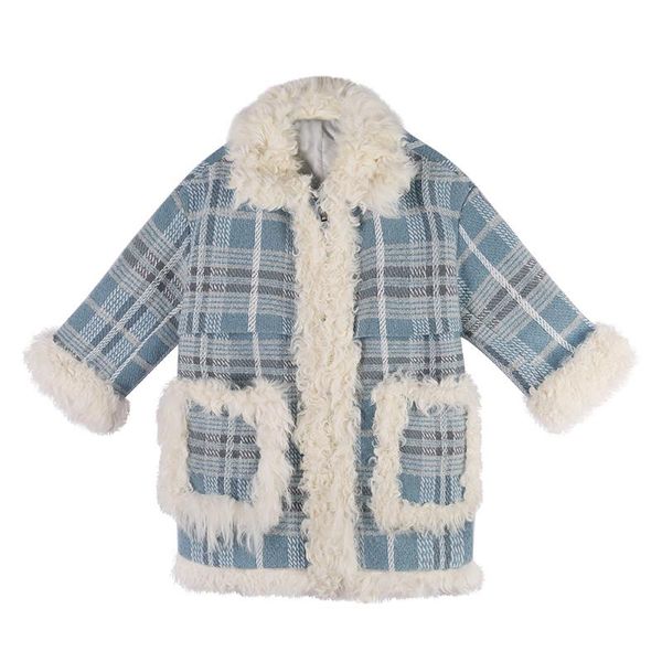 

perhaps u women blue woolen patchwork lambswool teddy plaid coat turn down collar zipper pocket loose winter c0299, Black
