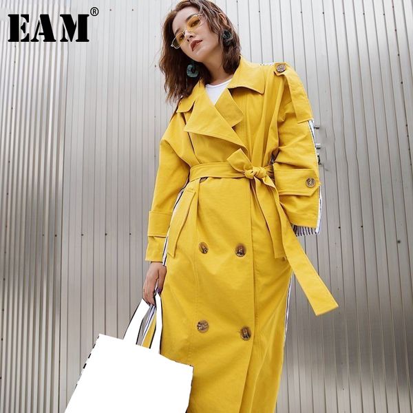 

eam]2019 new fashion stripe patchwork sashes back striped windbreaker long section turn-down collar personality clothes coat bd, Tan;black