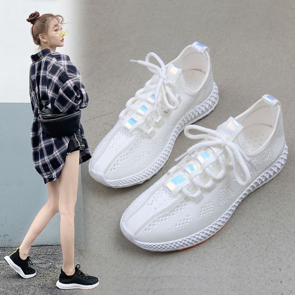 

women casual 2019 new design fly knit breathable running sport sneaker injection ladies female work trekking walking lace up shoes footwear, Black