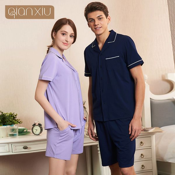 

qianxiu 2019 couple pajamas suit pure color classic for men casual pyjamas sets men dark blue, Black;brown