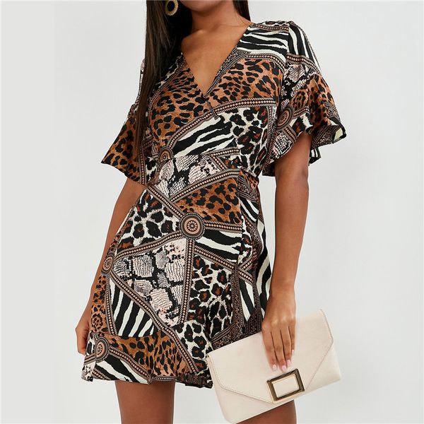 

summer dress 2020 women leopard dress vintage beach dress v-neck ruffles elegant party sundress vestidos de fiesta, Black;gray