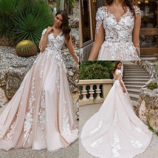 

2020 long illusion sleeve bohemian wedding dresses blush pink lace plus size bridal gowns court train covered buttons vestido de novia, White