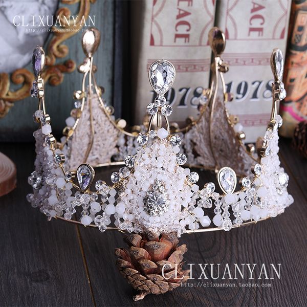 

round handmade beads european large round crown vintage glass queen crown wedding hair accessories for brides, Golden;white