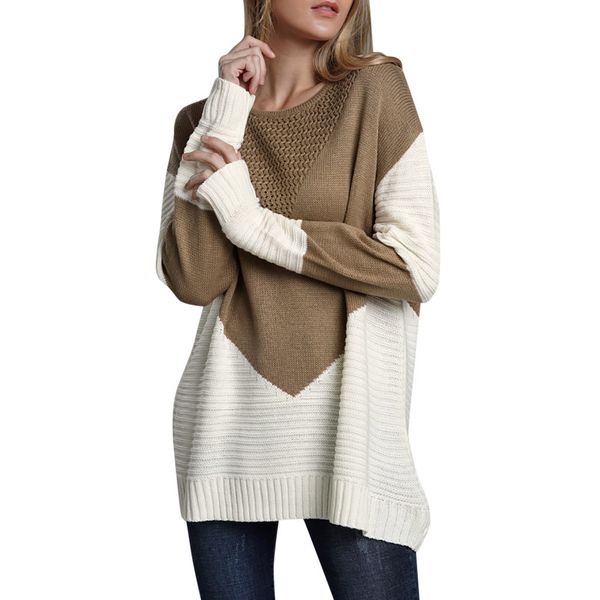 

autumn winter loose women sweater fashion long sleeve and round neck spliced pullover women casual long sweater, White;black