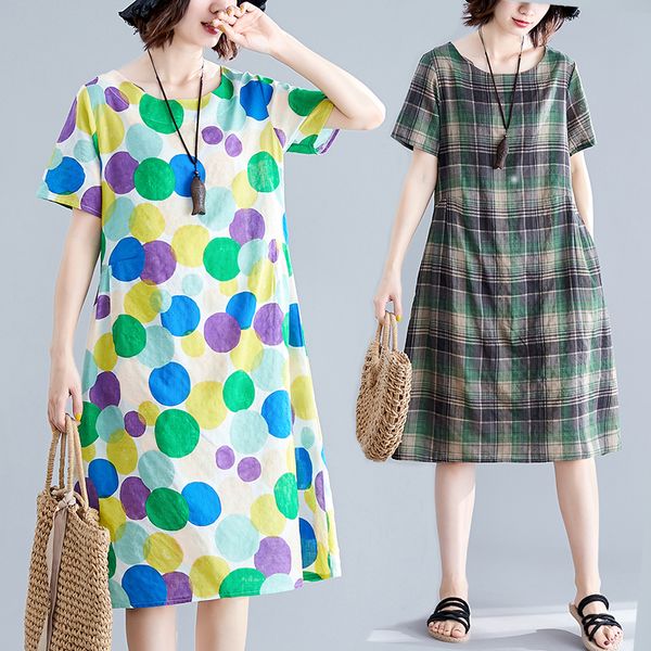 

new arrival summer dress plus size short sleeve women dress casual cotton linen printing o-neck vestidos de festa, Black;gray