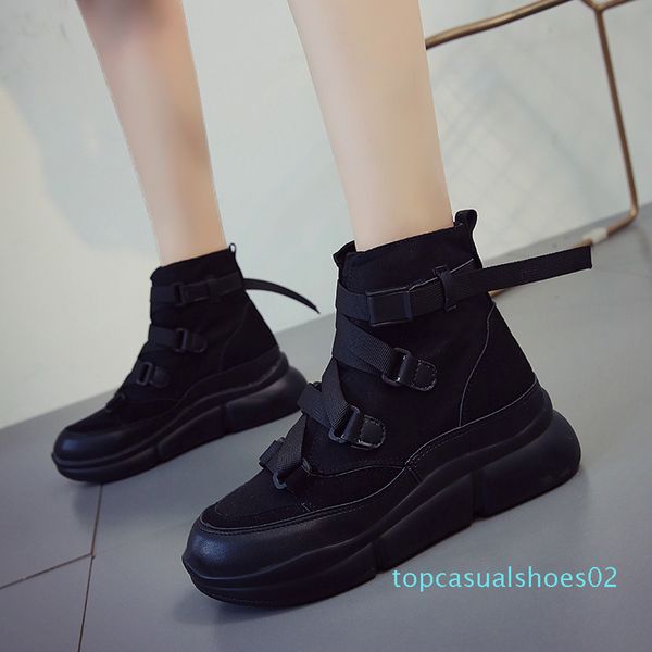 

2019 new women canvas ankle boots hook ring platform fashion punk black boots flat shoes winter t02