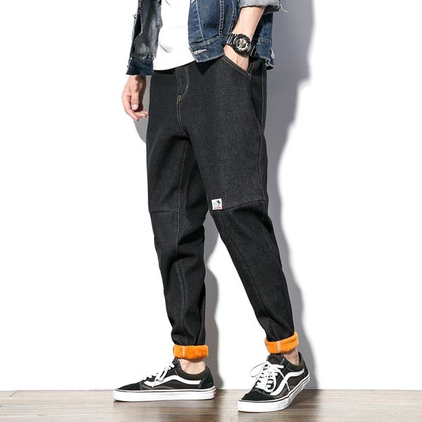 

autumn and winter new boutique men's casual jeans youth wild large size fashion trousers warm solid color simple loose, Blue