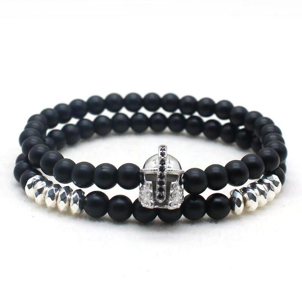 

2pc/sets 6mm natural stone beaded men bracelet charm roman knight warrior spartan helmet bracelets men jewelry male pulseira, Black