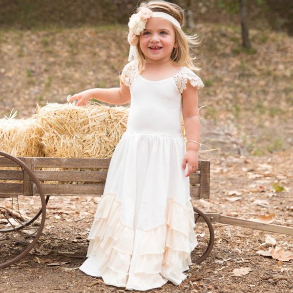 

girls chiffon ruffles maxi dresses lace flower cap sleeves cotton layers pageant bridesmaid party boho, Red;yellow