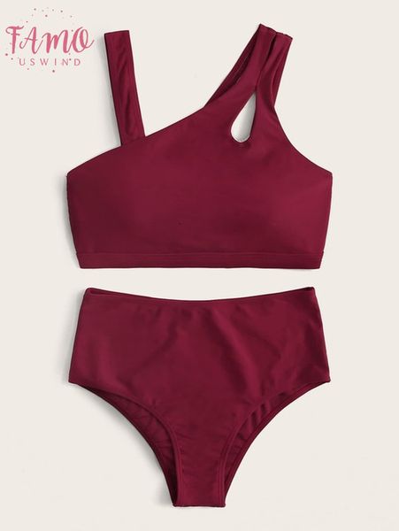 

swimwear women solid red push up soft bikini bathers bathing suit cut out oblique shoulder high waist swimsuit biquini, White;black