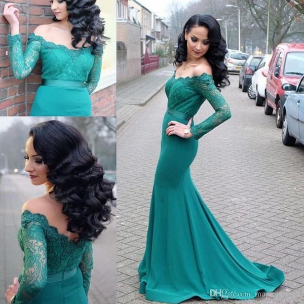 

2019 aqua mermaid prom dresses off shoulder long sleeves sweep train vintage evening gowns arabic formal party dresses custom made, Black