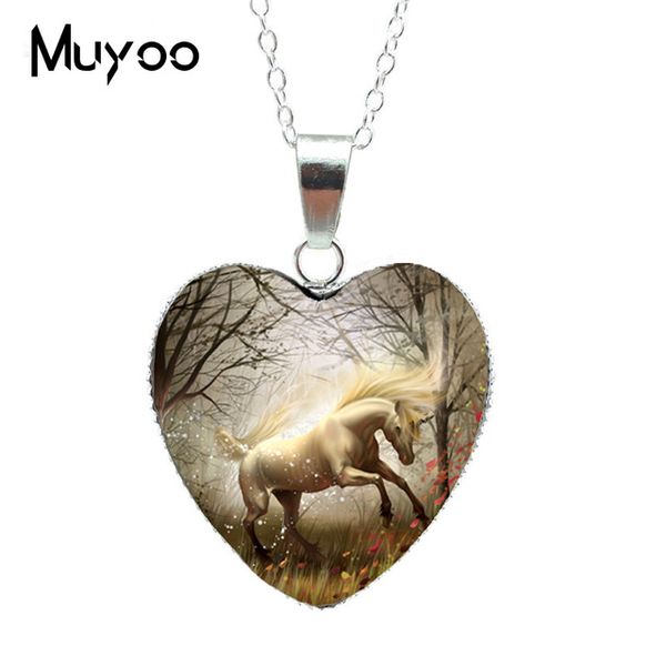 

new arrival unicorn art glass cabochon heart necklace fairy tale pegasus fantasy heart jewelry lovely unicorn heart necklaceshz3, Silver