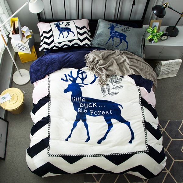 

luxury super soft flannel bedding sets buck forest coral fleece couple quilt cover pillowcase bed sheet king  bedding set