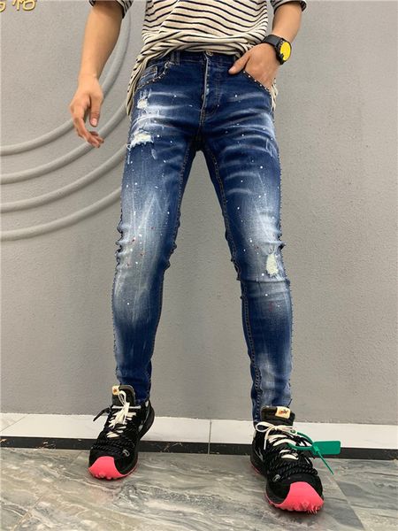 

2020 new arrival fashion famous designer ripped skinny cool guy jeans causal hole denim jeans washed hip pop mens jeans 9329v4, Blue