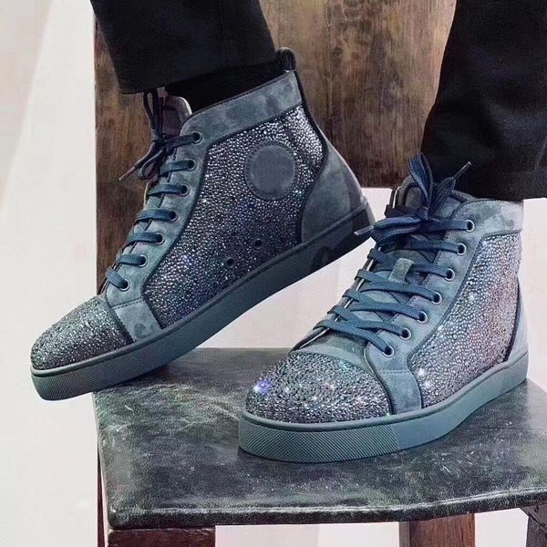 

evening,party,dress -- rhinestone strass casual flats luxurious men's red bottom sneakers high men casual walking outdoor footwear cler, Black